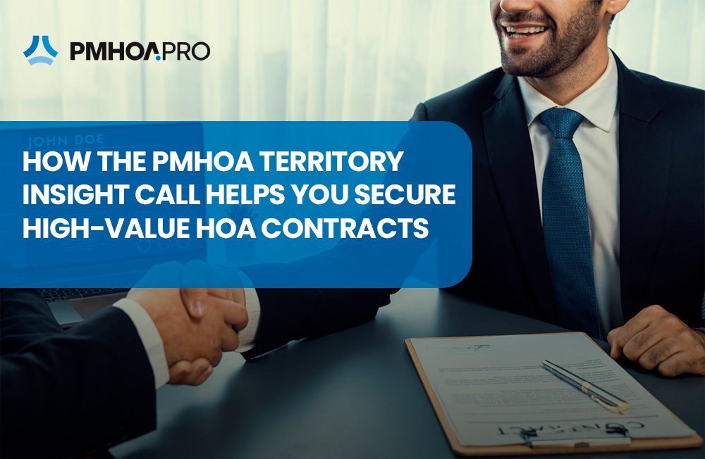 Two businessmen shaking hands across a desk with documents, as a banner reads “How the PMHOA Territory Insight Call Helps You Secure High-Value HOA Contracts