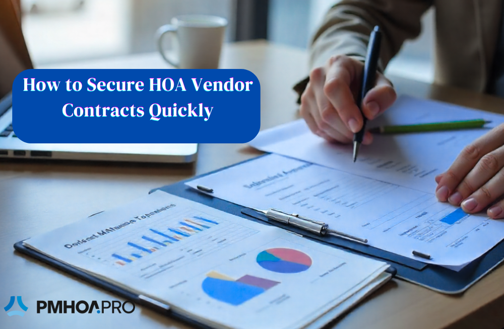 Business professional reviewing charts and documents with text overlay reading ‘How to Secure HOA Vendor Contracts Quickly,’ representing strategies for contractors and service providers to win HOA contracts efficiently