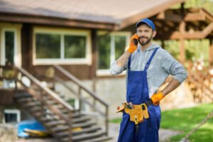 A smiling handyman wearing blue overalls, an orange pair of gloves, and a blue cap talks on his phone outside a modern wooden house, with a tool belt around his waist.