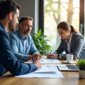 HOA board and property manager reviewing vendor proposal for service contract.